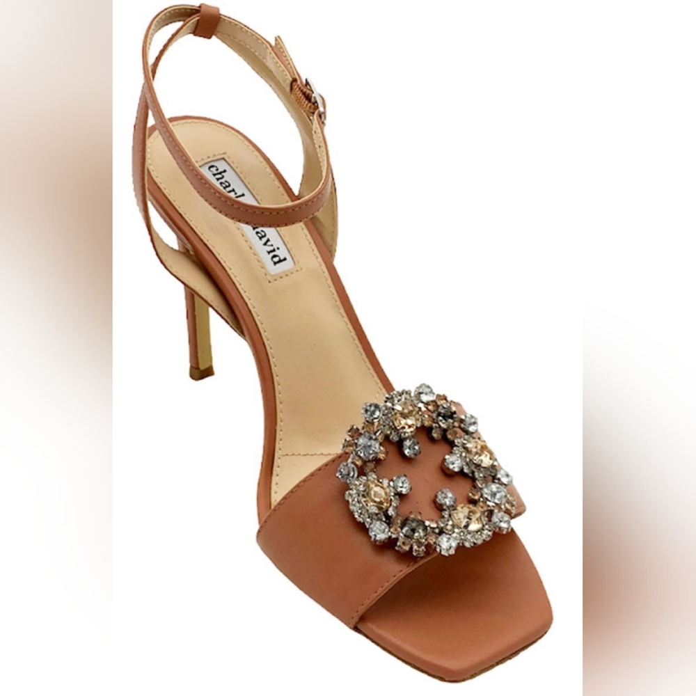 NIB Charles David Embellished High Heel Sandal Petal Brown Leather Size 8.5